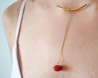 Sale 40% necklace gold filled 14 k, goji Berry red Pearl, dainty necklace, Choker necklace, handmade, basic 2 Pearl ochre