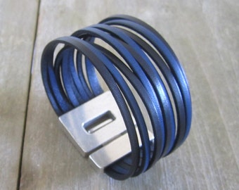 Man/woman genuine leather Cuff Bracelet, black and blue jeans. 30MM magnetic silver plated clasp.