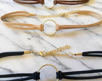 Gold Ring Choker- Black Choker with Gold Ring- Black Choker Gold Charm