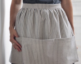 Half Apron with Pockets, Blue, Cotton, Ticking Stripe, Crafting, Cooking, Gardening, Art