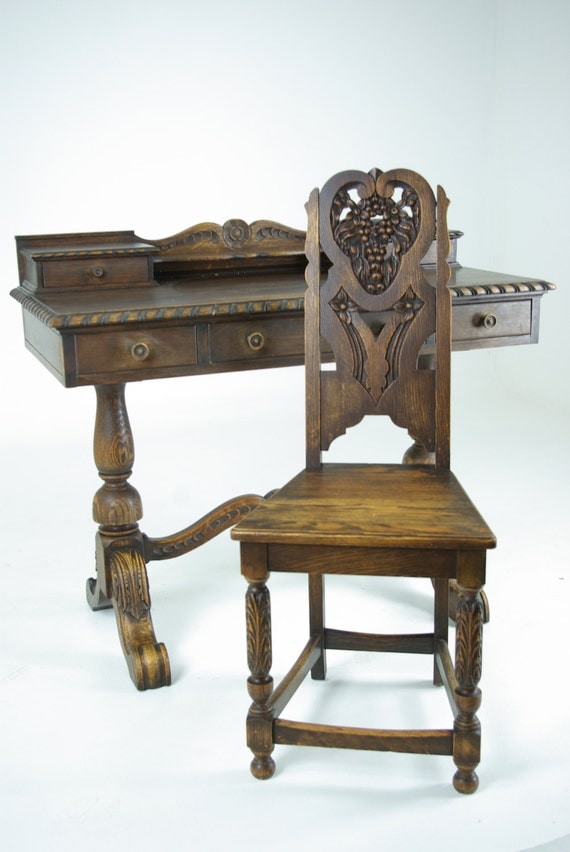 B376 Antique Carved Oak Writing Desk with by HeatherbraeAntiques