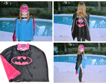 Batgirl Cape and Mask - Kids and Adult Superhero Costume. Great for Child Toddler Birthday Party Outfit. Personalized Name available.