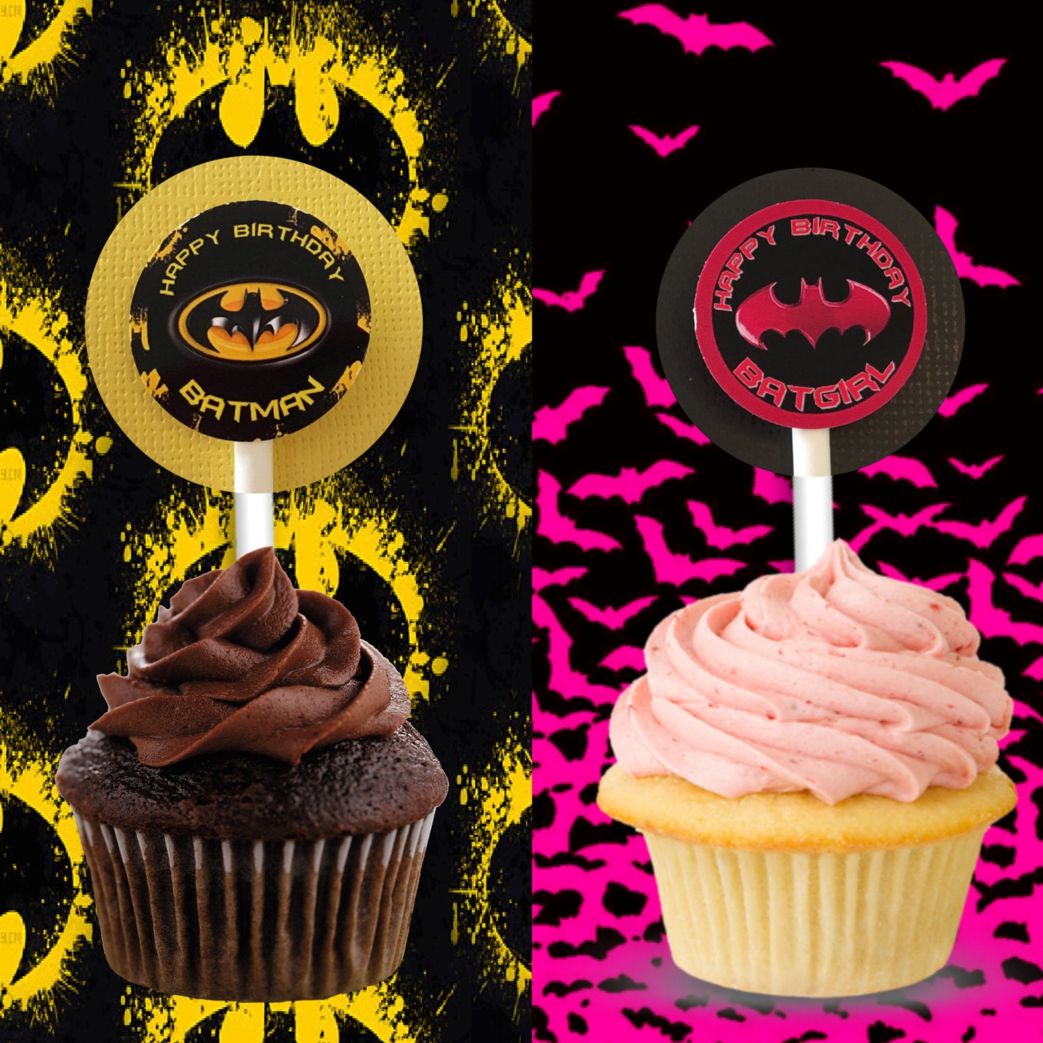 Batman Cupcake Toppers PRINTABLE Pink/Yellow by SweetSecretsShop