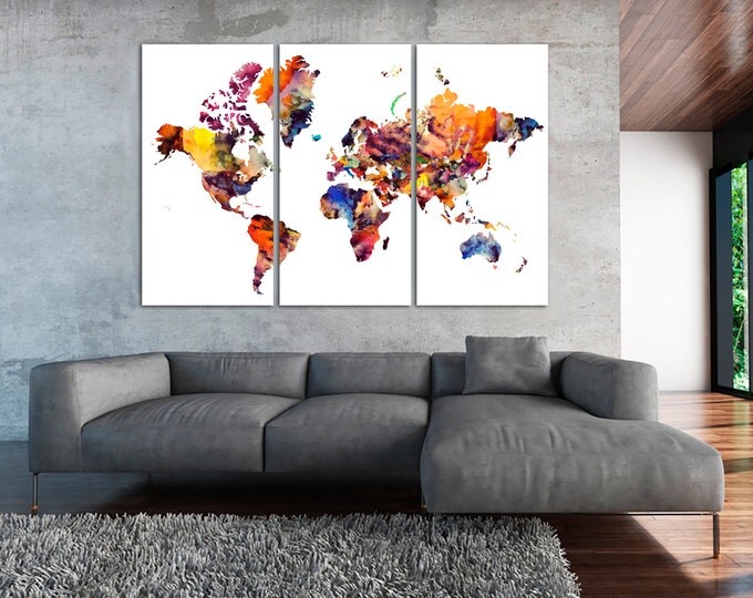 World Map Canvas Large Print Wall Art / 3 or 5 Panel / Watercolor World Map Print on Canvas Wall Art for Home and Office Wall Decoration