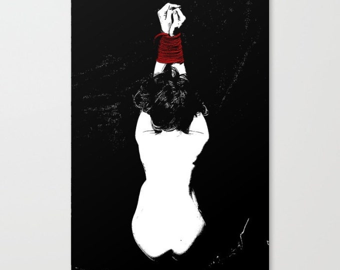 Erotic Art Canvas Print - Dark Bondage, unique, sexy conte style drawing, red ropes tied girl from top sketch sensual high quality artwork