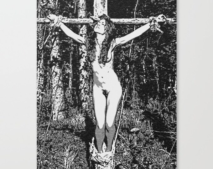 Erotic Art Canvas Print - Bondage in the woods, unique sexy conte style print, Crucified Girl in BDSM, bondage, sensual high quality artwork