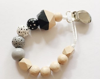 Dots > hand-painted Soother chain with geometric wooden beads - black, white, grey