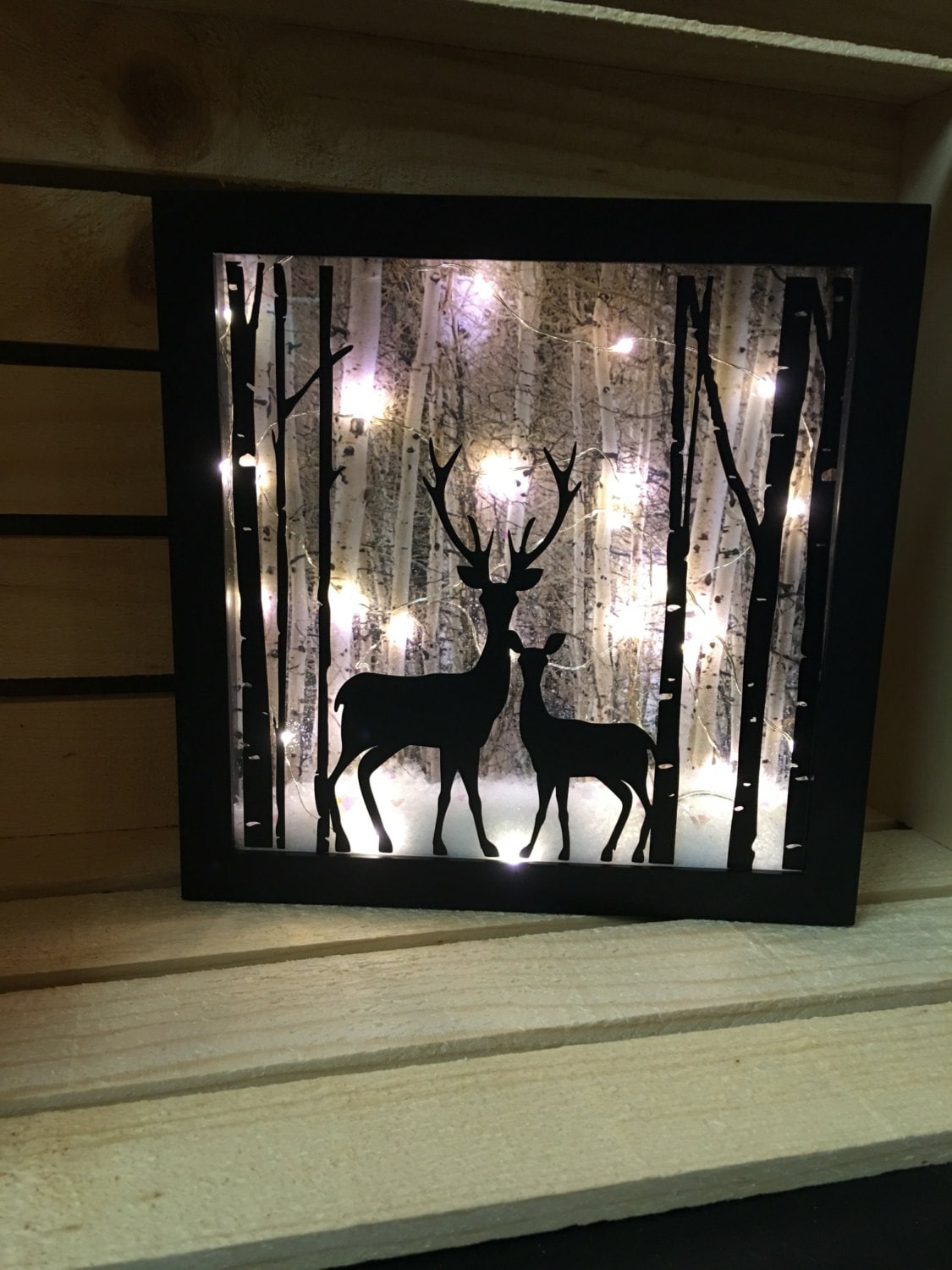 Deer lighted shadow box 8x8 Night light christmas decor