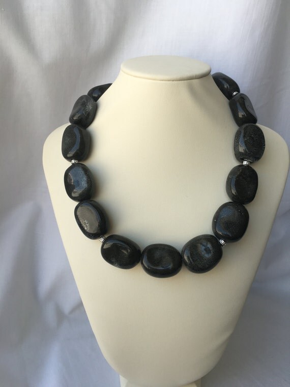 Chunky Black Porcelain Beaded Necklace with Silver Accents and