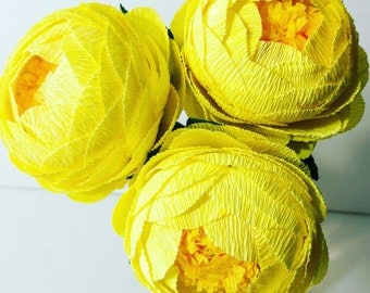 Crepe paper flower 12 Lemon Yellow Peony crepe paper flower bouquet Flore de papel paper peony crepe peony wedding bouquet idea peonies