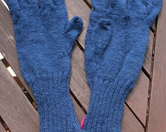 Blue hand knitted gloves