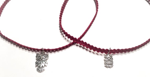Cranberry | Dark Green | OWL | Owls | Choker | Necklace | Silver hanging owl charm | MRS. OWL