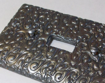 Metallic pewter flame swirls single toggle light switch cover