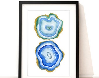 Agate Slices Watercolor PRINT blue agates 5"x7", 8"x10", 11"X 14" wall art, home decor