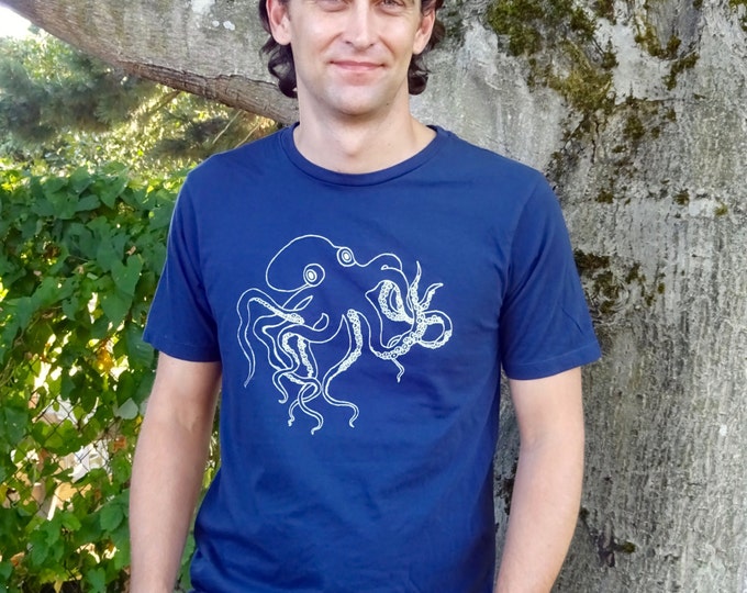 Mens T Shirt, Mens Print Tshirt, Screen Print Tshirt, Organic Cotton Tee, Tshirt Nautical, Mens Octopus Tshirt, Kraken, Octopus Tee
