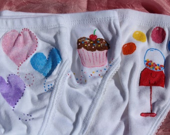 3 pack SWEETS Panties (girls size XXsm,Xsm,Sm,Med,Lg) hand painted