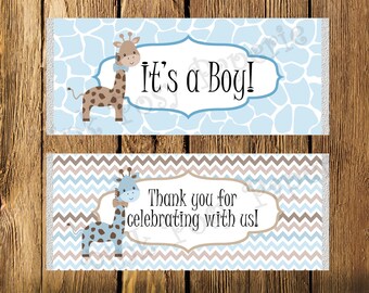 Printable Blue Giraffe Boy Baby Shower Large Candy Bar Wrappers - Instant Download