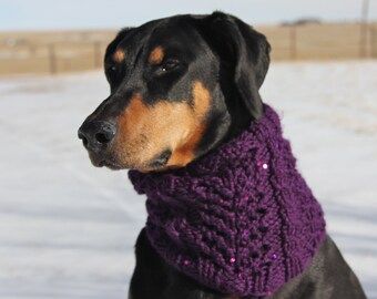 Hand knitted Snood for Dog - Winter Snood for Dog with pretty lace pattern and sequins - M to L Dog - Purple Snood - Lace - Greyhound Snood