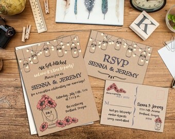Rustic Mason Jar Elopement Reception Invitation Suite, Wedding Reception Invitation, Response Postcards,Event Invitation, Party Invitation