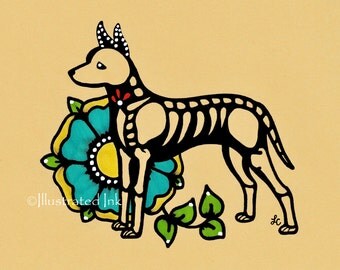Day of the Dead Dog Xoloitzcuintli XOLO Dia de los Muertos Art Print 5 x 7, 8 x 10 or 11 x 14 - Choose your own words - Shelter Donation