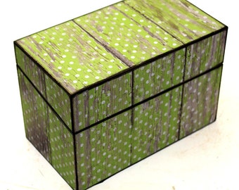 Wood Recipe Box Lime Green with White Polka Dot Barn Wood Fits 4x6 Cards