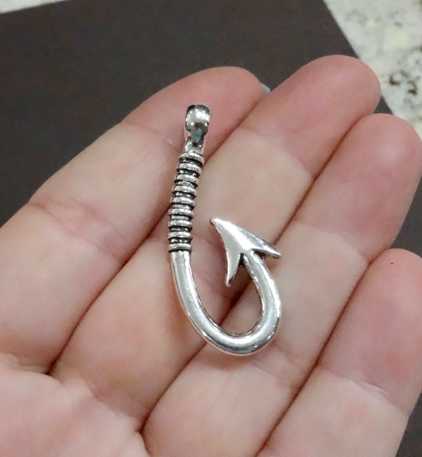 5 Fish Hook Fishing Charm Pendants 3D 39x16x7mm ITEMBV15