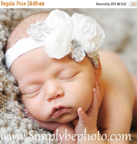 SALE Newborn Headband White Christening by PrettyBabyBowtique