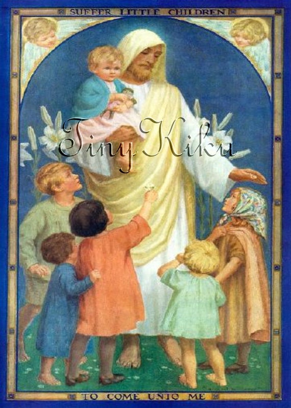 JESUS With LITTLE CHILDREN Vintage Print on Fabric Fabric