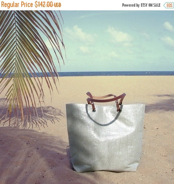 Metallic Silver Tote Bag, Casual Tote Bag, Weekend Bag, Beach Tote ...