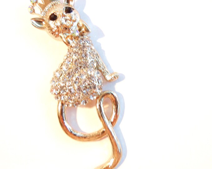 Cat with Crown and Rhinestones Pendant Gold-tone