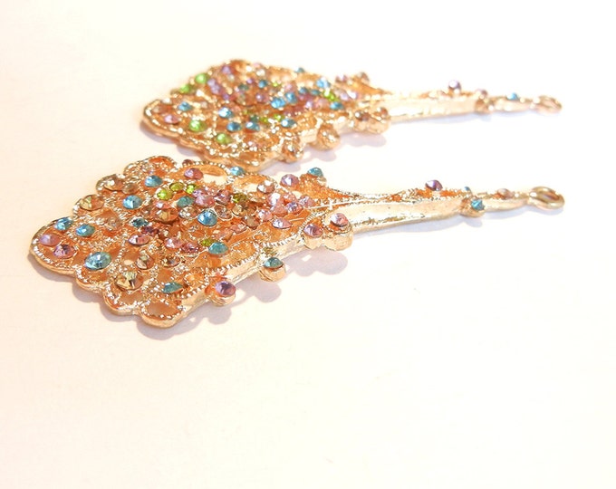 Pair of Gold-tone Filigree Fan Like Drop Charms with Multi Colored Rhinestones