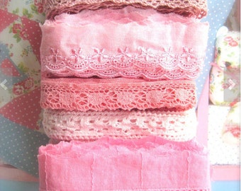 Country Rustic Wide Thin Dark Light Pink Floral Crochet Cotton Lace Ribbon Trim Set 11 Designs 22 Meters