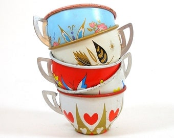 50s Tin Toy Tea cups, BUTTERFLY & Heart graphics on 5 metal, Spring set.