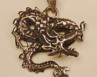 DRAGON Pendant sterling handcrafted heavy casting signed1 1/8 x 1 1/8 in