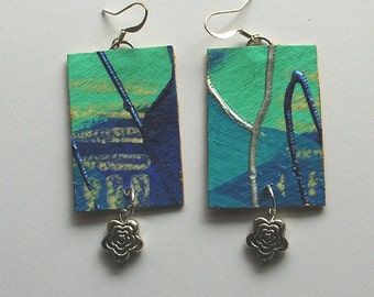 Blue tiny paintings with pewter flower beads