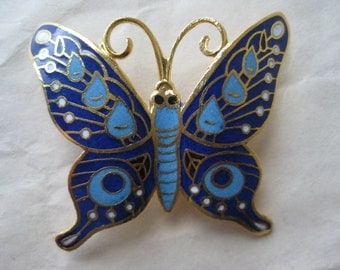 Butterfly Blue White Brooch Gold Enamel Vintage Pin Cloisonné Pendant