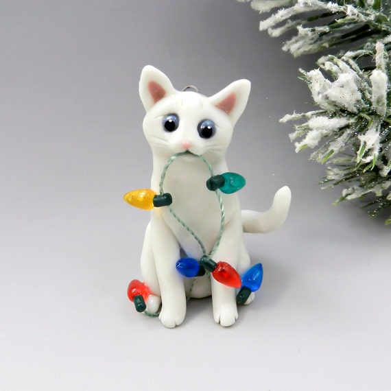 White Cat Christmas Ornament Figurine Lights by TheMagicSleigh