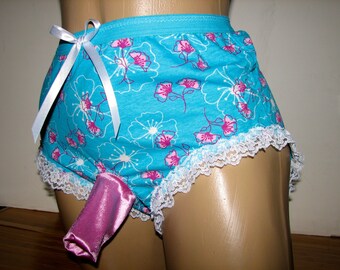 Aqua and Pink Full Brief Panties for Men with Lace and Slippery Shiny Rose Comfort Sleeve and Open Bum Size L or XL