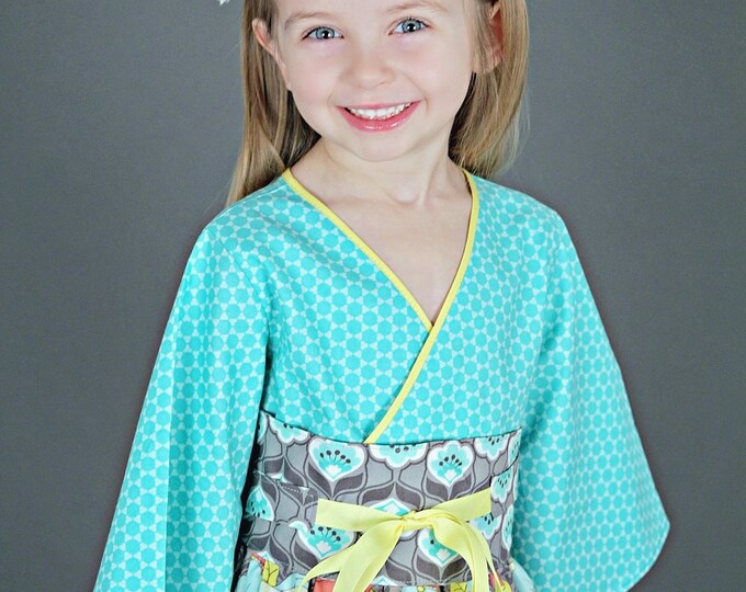 Little Girls Easter Dress - Toddlers - Tween Clothes - Birthday - Girls Kimono Dress - Boutique - Aqua - Grey - Coral - sizes 2T to 14 years