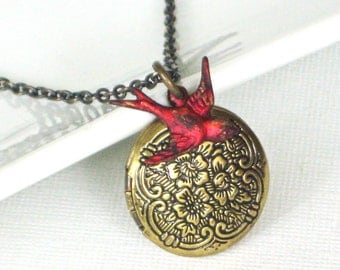 Red Bird Locket Necklace, Cardinal, Keepsake Jewelry
