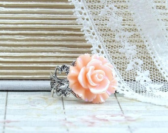 Peach Rose Ring Peach Ring Iridescent Ring Peach Flower Ring Floral Ring Shabby Chic Ring Summer Ring