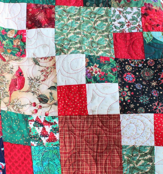 Christmas Sofa Throw Quilt Cardinals and Poinsettias