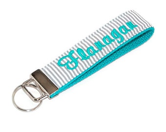 Grey Seersucker on Mint Monogrammed Keychain Custom Embroidered Initial 3 Letter or Name Key fob