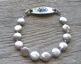 Light Grey Coin Pearl Medical ID Bracelet, Alert Bracelet, Silver or Stainless Clasp Replacement Bracelet