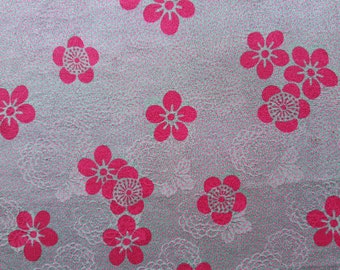 KOFU - fabric from used Kimono, Silk, Gray/Magenta, Flower 11 3/4" (30cm) X 39 3/8" (100cm)