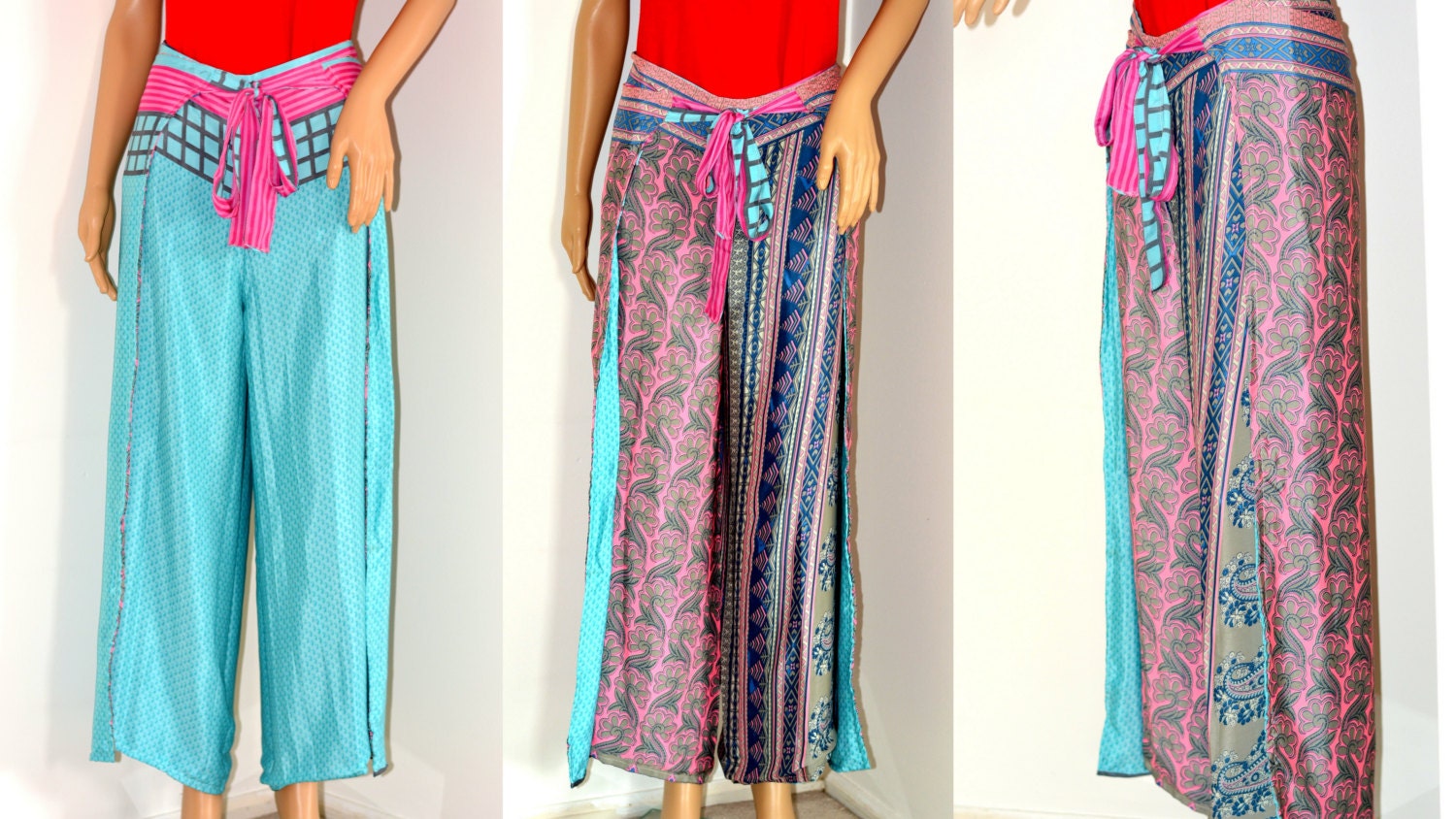 Silk Reversible Wrap Pants/ high waist / wrap around/ skirt