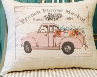 Pink Vintage Chevy Pickup Truck Farmhouse Pillow, Farmhouse Throw Pillow Cover, Cottage Style Pillow