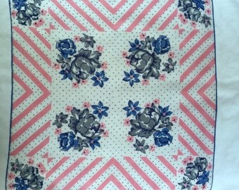 Vintage Pink White and Blue Handkerchief with Blue Flowers