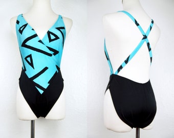 1980s Bathing Suit Swimsuit One Piece Plunging High Cut Backless Turquoise Black