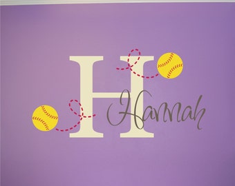 Softball Name u0026 Initial Wall Decal - Softball Wall Decal - Softball Wall Decal Name Initial - Girls Wall Decal - Teen Decal